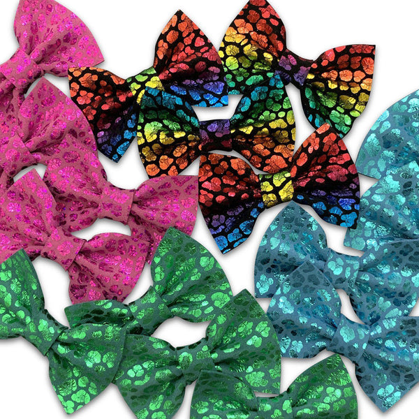 Bright Metallic Cheetah Print Leather Hair Bows-no slip leather hair bows no slip leather hair clips-Moo G Clips