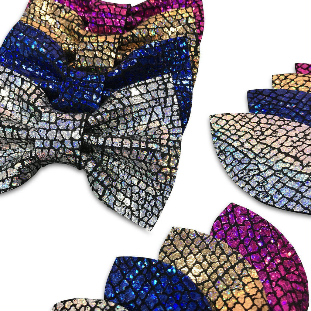 Cracked Iridescent Mirror Leather Hair Bows-no slip leather hair bows no slip leather hair clips-Moo G Clips