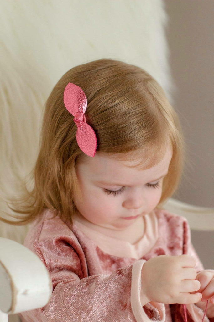 Metallic Pink Valentine Leather Hair Bows-no slip leather hair bows no slip leather hair clips-Moo G Clips