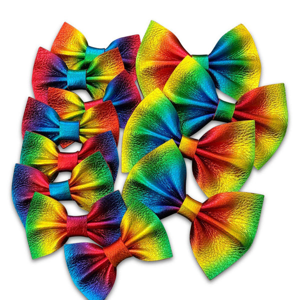 Rainbow Metallic Genuine Leather Hair Bows-no slip leather hair bows no slip leather hair clips-Moo G Clips