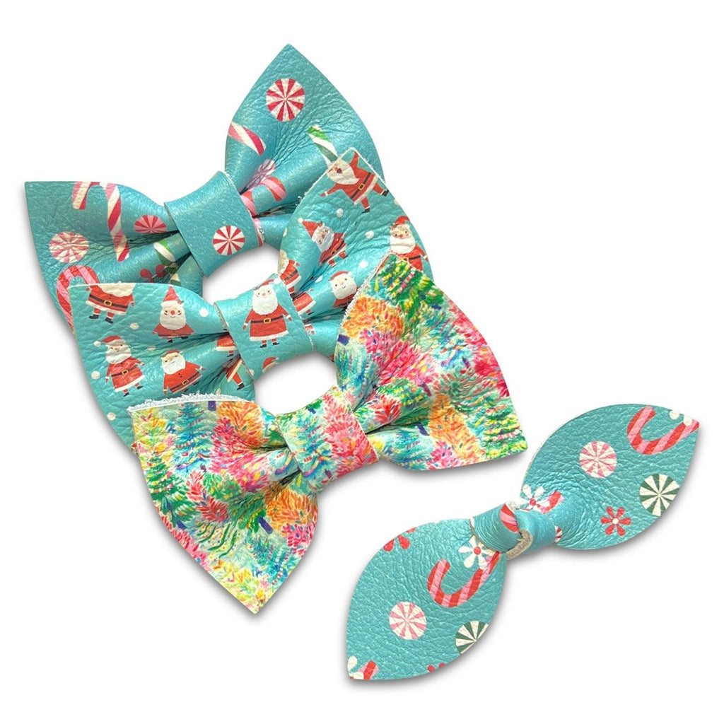 Christmas Print Leather Hair Bows *NEW colors added!*-no slip leather hair bows no slip leather hair clips-Moo G Clips