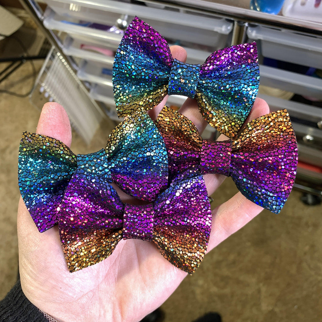 Bright Metallic Speckle Leather Hair Bows-no slip leather hair bows no slip leather hair clips-Moo G Clips
