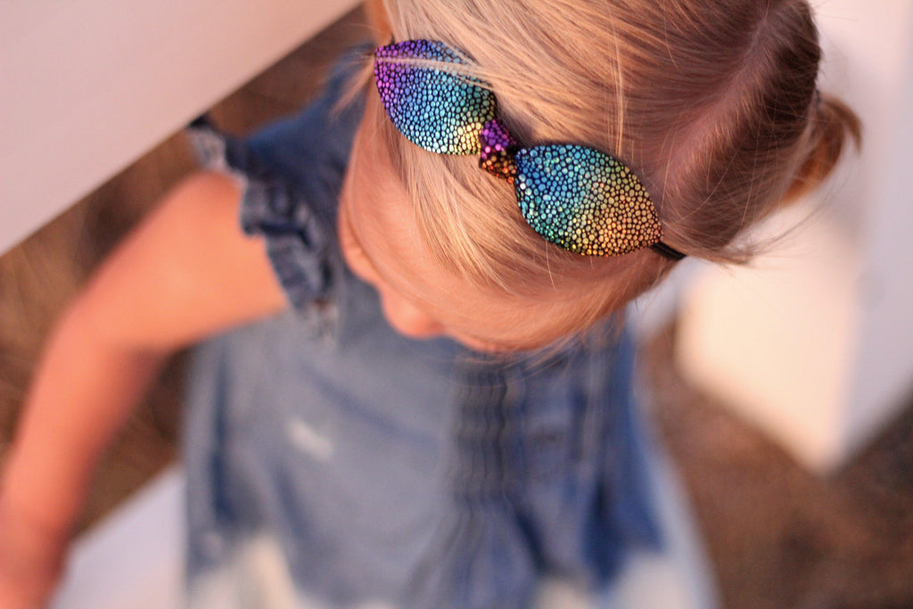 Bright Metallic Speckle Leather Hair Bows-no slip leather hair bows no slip leather hair clips-Moo G Clips
