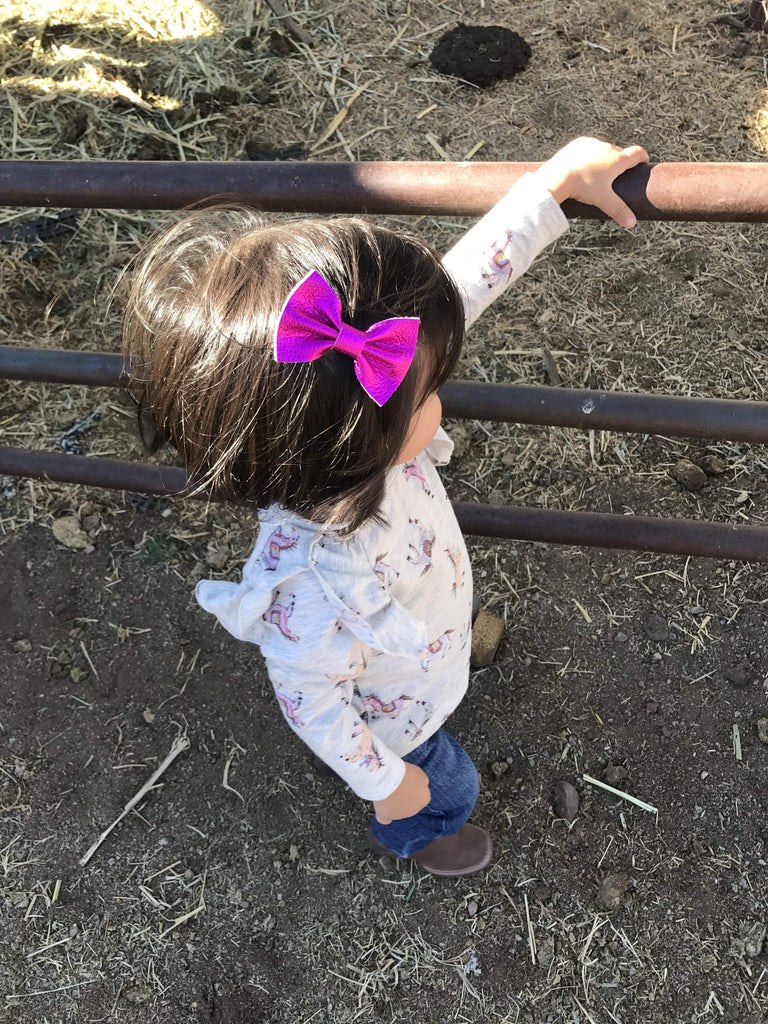 Bright Metallic Speckle Leather Hair Bows-no slip leather hair bows no slip leather hair clips-Moo G Clips