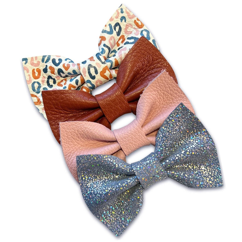 Desert Cheetah Leather Hair Bows-no slip leather hair bows no slip leather hair clips-Moo G Clips