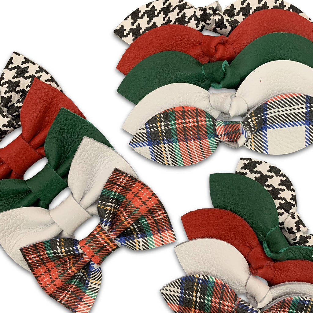 Holiday Plaid Leather Hair Bows-no slip leather hair bows no slip leather hair clips-Moo G Clips