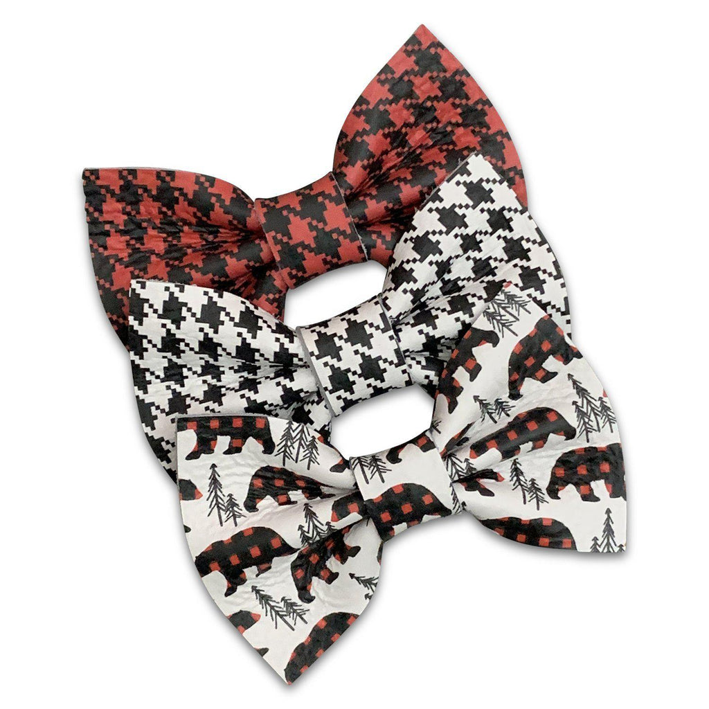 Houndstooth Bears Leather Hair Bows-no slip leather hair bows no slip leather hair clips-Moo G Clips