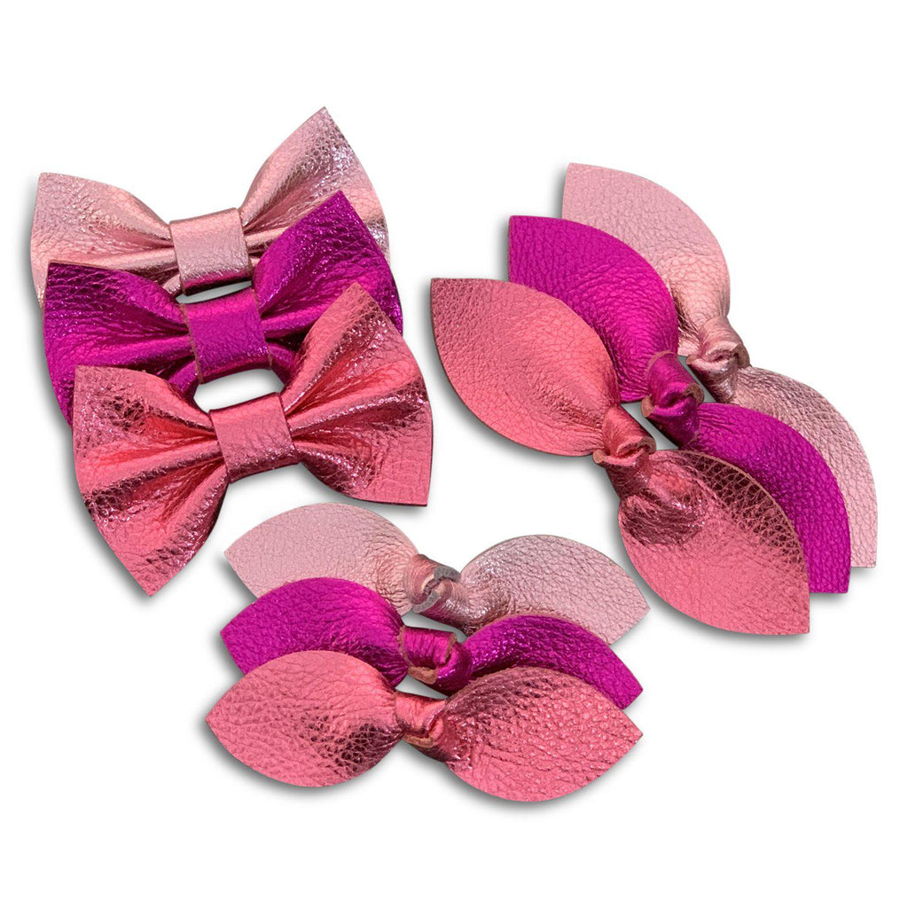 Metallic Pink Valentine Leather Hair Bows-no slip leather hair bows no slip leather hair clips-Moo G Clips