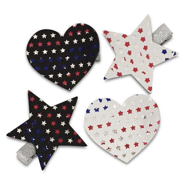 Patriotic Leather Hearts & Stars Hair Clips-no slip leather hair bows no slip leather hair clips-Moo G Clips