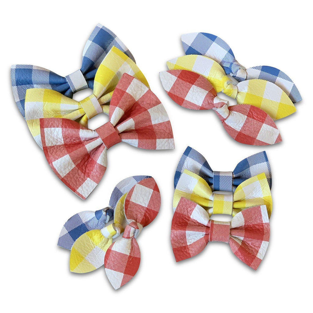 Picnic Plaid Leather Hair Bows-no slip leather hair bows no slip leather hair clips-Moo G Clips